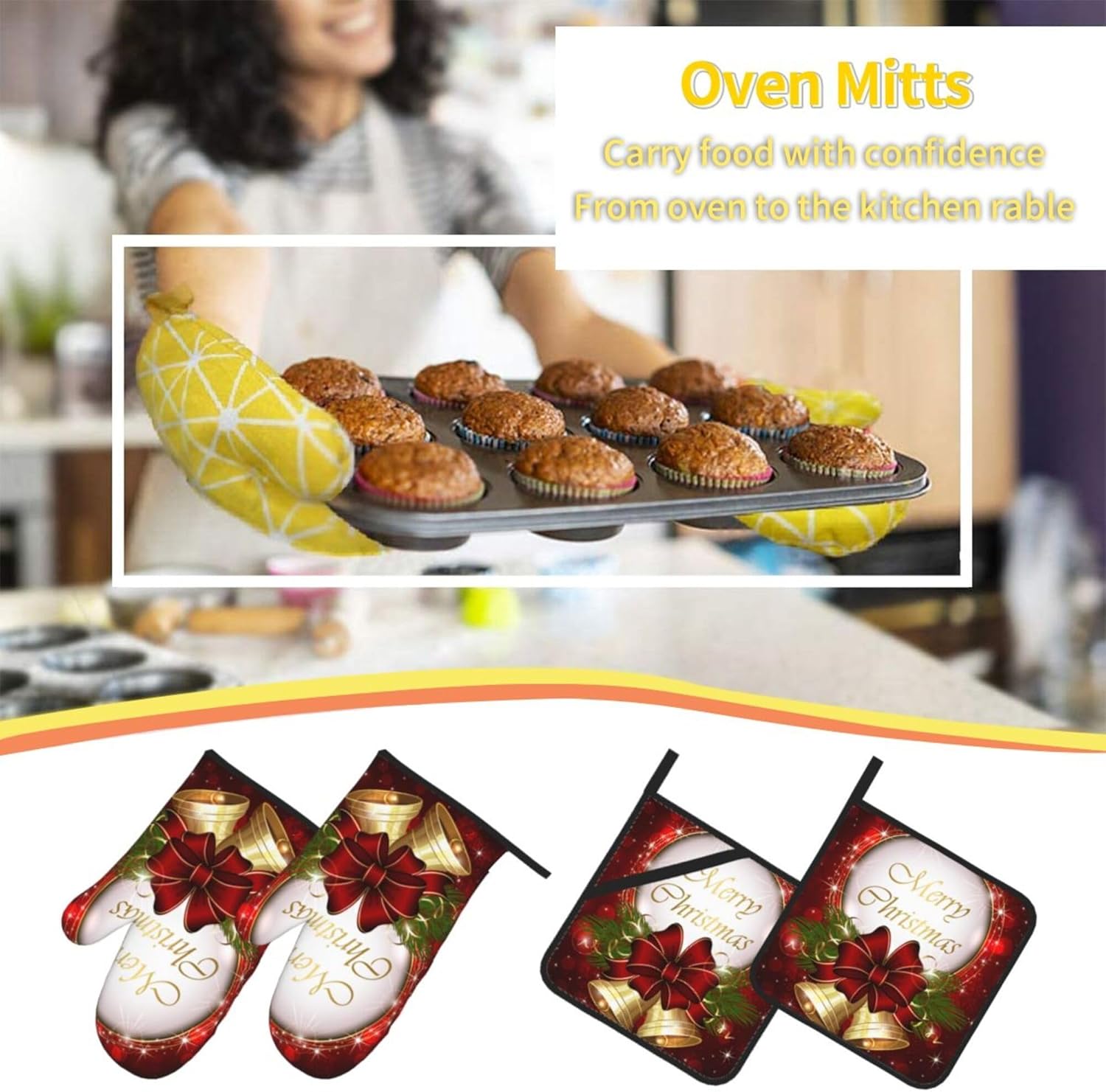 Christmas Red Bell Oven Mitts and Pot Holders Sets Xmas Holly Heat Resistant Non-Slip Kitchen Potholder Oven Gloves for Baking Cooking Grilling BBQ Mittens Kitchen Decor and Accessories Gifts