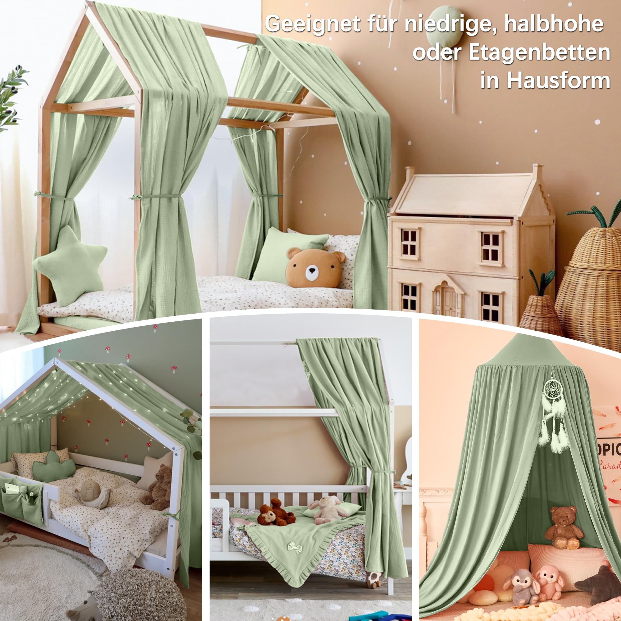 Juego de Decoración para Cama de Casa: Dosel de Muselina, 2 Doseles y 1 Banderín para Habitación Infantil - 67 x 270 cm