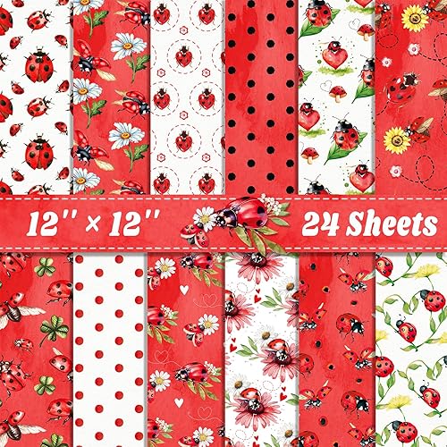 24 Sheets Ladybug Scrapbook Paper 12'' × 12'' Double-Sided Red