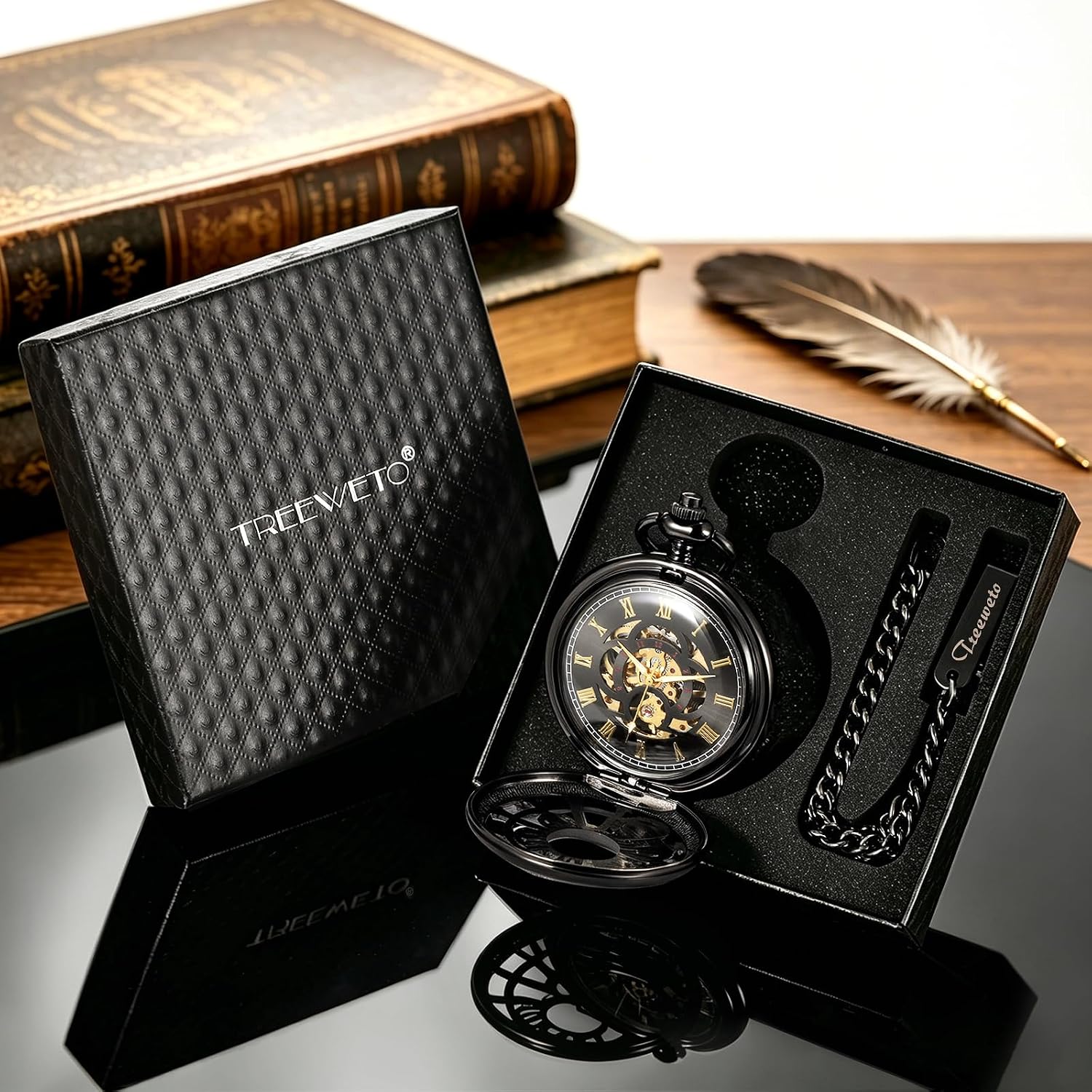TREEWETO Pocket Watch Classic Smooth Double Case Mechanical Silver Pocket Watches Steampunk Roman Numerals Fob Watch for Men Women with Chain