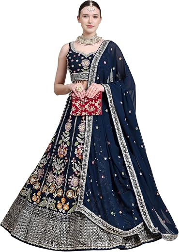 Zeel Clothing Womens Georgette Lehenga Choli Semi-Stitched Blue Wedding Bridal Free Size