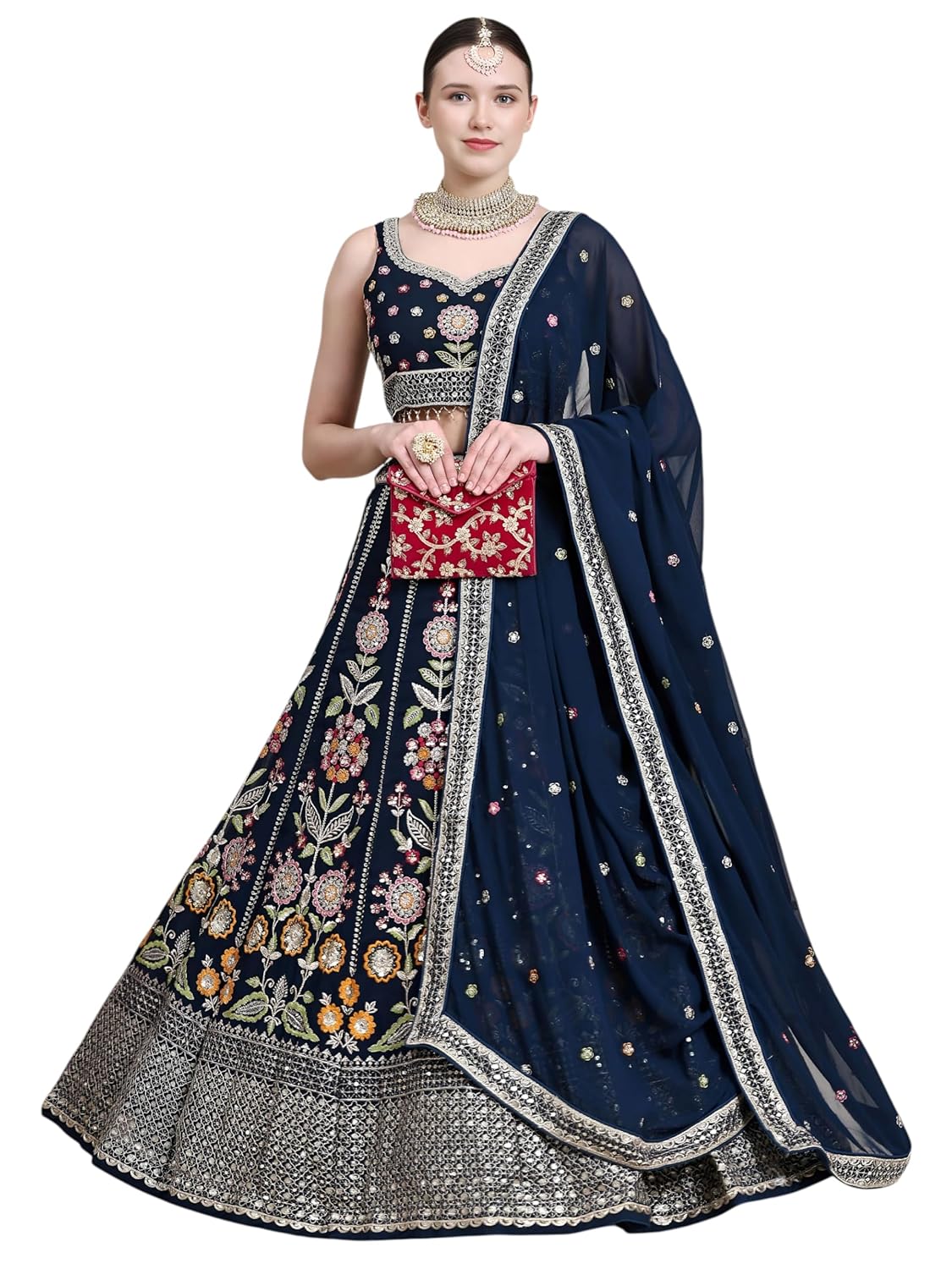 Zeel Clothing Womens Georgette Lehenga Choli Semi-Stitched Blue Wedding Bridal Free Size