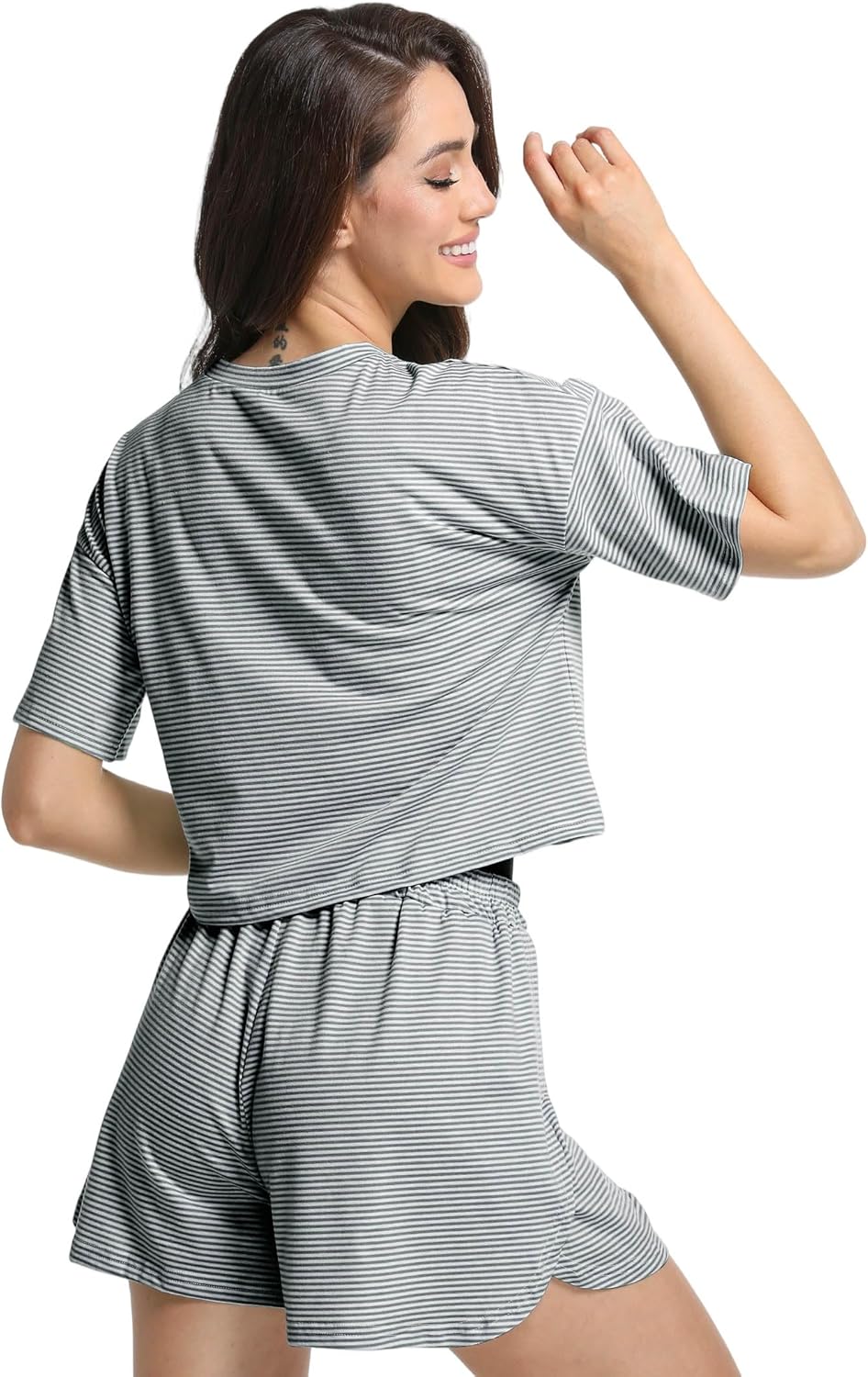 Split Short Pajama Set Soft Women's Striped Pajama Sleeve Tee & Elastic Waist Shorts Lounge Sleepwear - Image 6