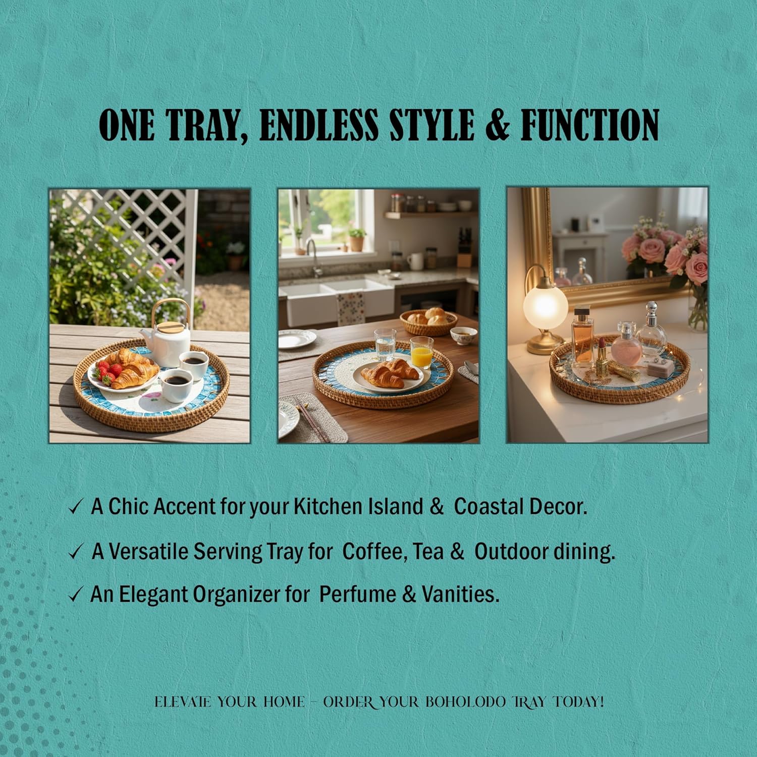 Coastal - Beachy Rattan Serving Tray with Mother of Pearl Inlay 11.8" - Unique Decorative Tray for Coffee Table, Kitchen, Tea, Dry Fruit, and Perfume (Fish)