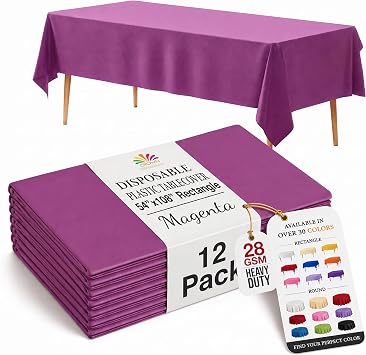 Exquisite Magenta Plastic Table Cloth Disposable 12 Pack, 54 x 108 Inch | Disposable, waterproof table cover for parties, birthdays, weddings, graduations, picnics and BBQs; fits 6-8 ft tables