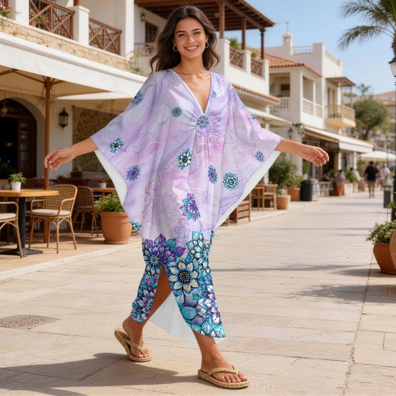 Xoenoiee Kaftan sukienki damskie dekolt w serek plus size kaftany rękaw nietoperz okrycia plażowe letnia sukienka plażowa