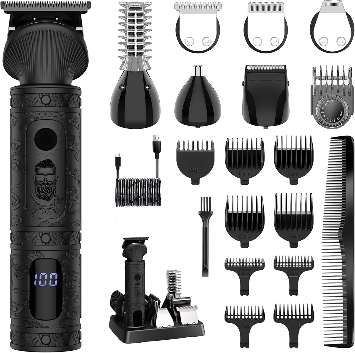 Beard Trimmer for Men Professional Mens Beard Grooming Kit T-Blade Trimmer Electric Shaver Razor Nose Body Trimmer Hair Cutting Kit Cordless 7 in 1 Black