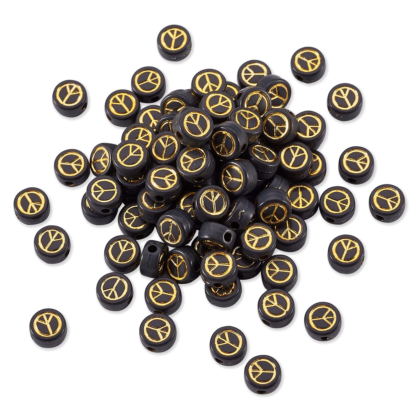 PandaHall 200pcs Opaque Acrylic Beads 7x4mm Golden Plated Flat Round with Peace Sign Acrylic Loose Beads for DIY Craft Jewelry Making, Black