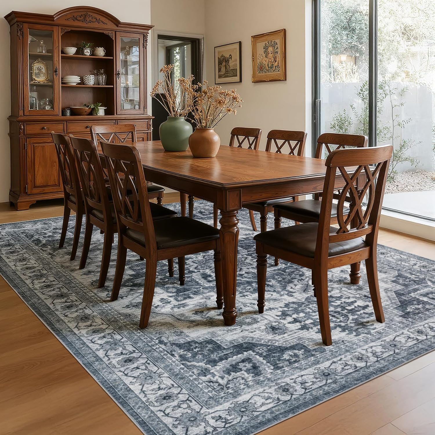 UKISS Washable Rugs 8'x10' Area Rugs for Living Room ，Ultra Soft Faux Silky Rug for Bedroom, Vintage Large Area Rug，Non Slip&Non-Shedding Low Pile Large Carpets for Home Office Decor Blue