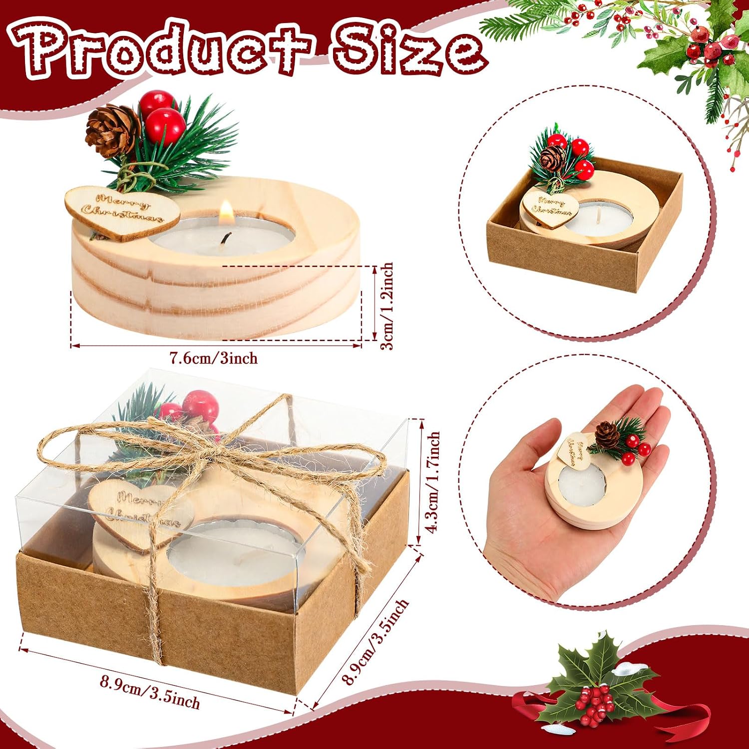 Zhehao 24 Pcs Christmas Candle Gifts Set with Heart Tags Decorative Wooden Cylinder Candle Holders Shower Gift Thank You Guest Gift Light Brown