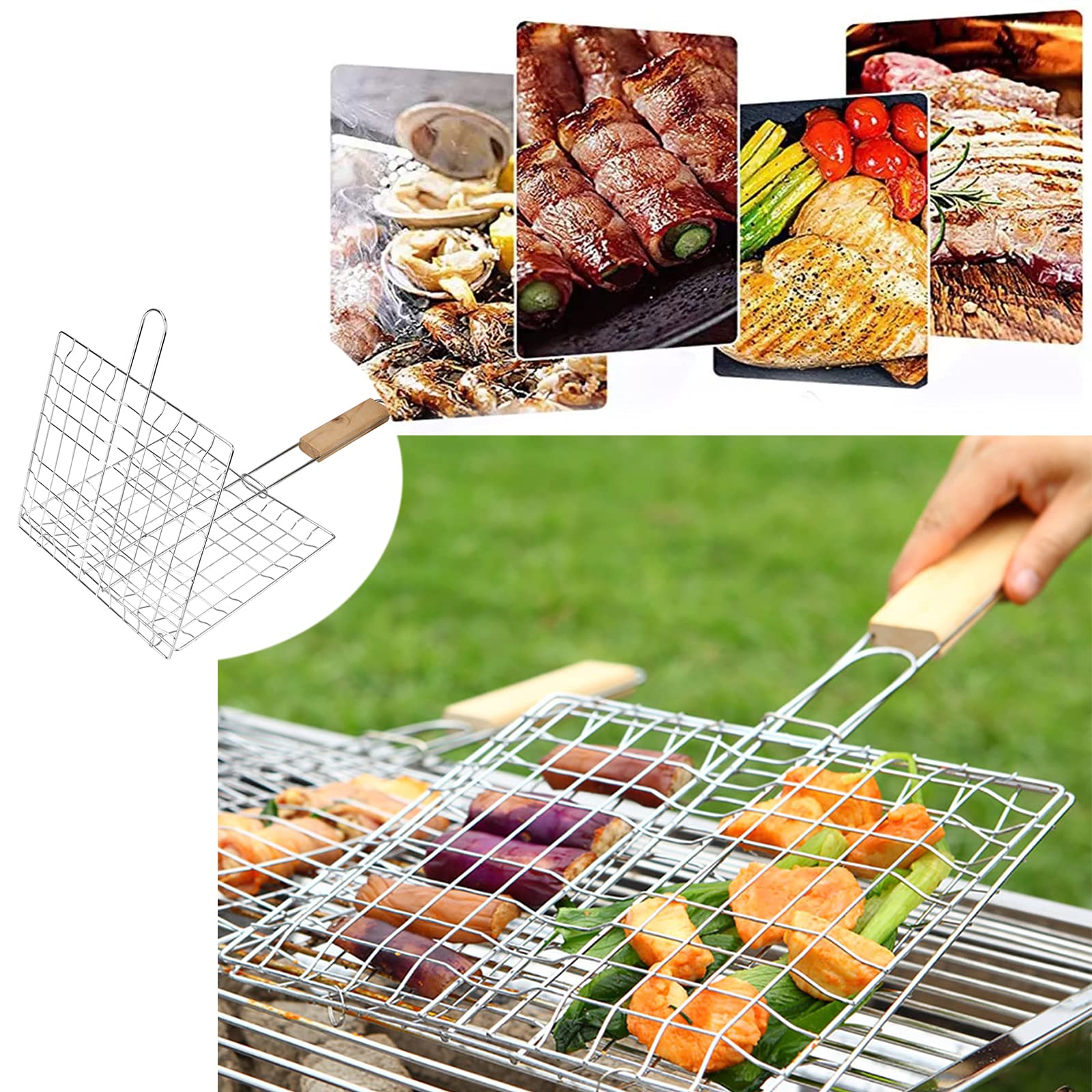 Grille de Barbecue Portable Pliable avec Poignée en Bois pour Poisson 2 Pièces