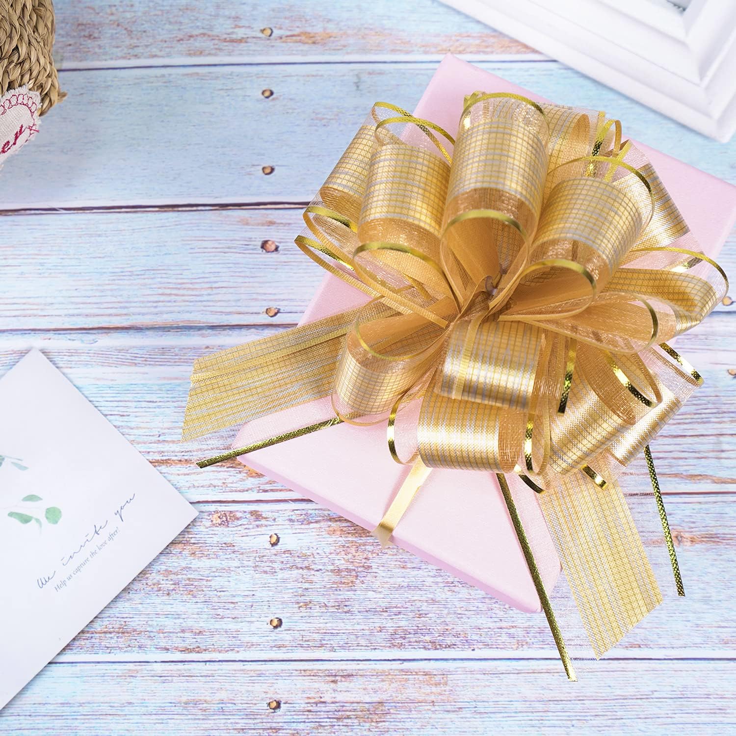 10 PCS Large Pull Bow Gift Wrapping Bows, Pull Bow with Ribbon for Wedding Gift Baskets, Party Gift Wrap Bows, Presents Decorating Bows (Gold) - Image 4