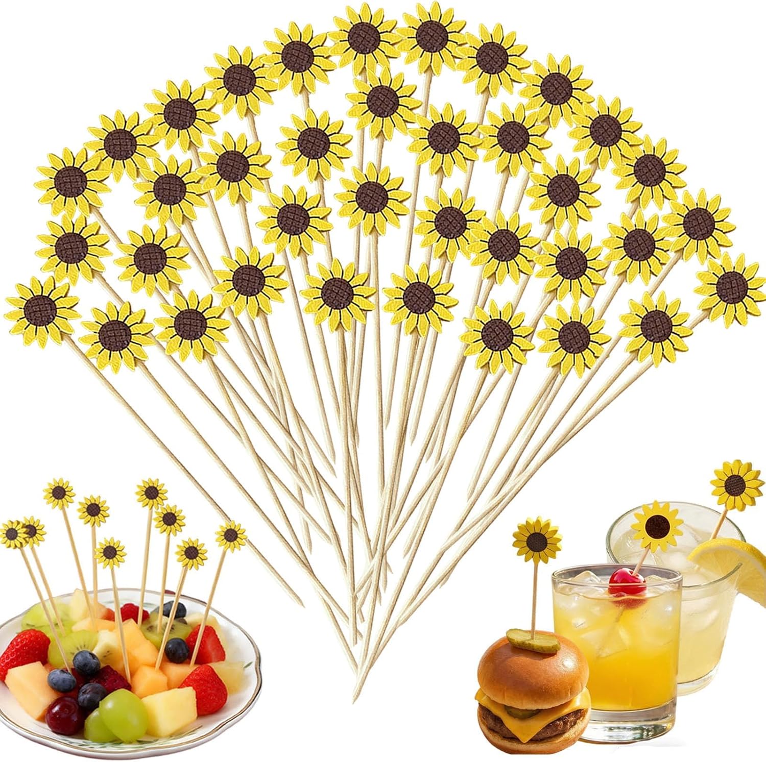 120 Pcs Sunflower Cocktail Picks for Appetizers Desserts Fruit Cupcakes, Hawaiian Party Food Garnish Skewer Sticks, 5 Inch Long Bamboo Toothpicks Party Supplies