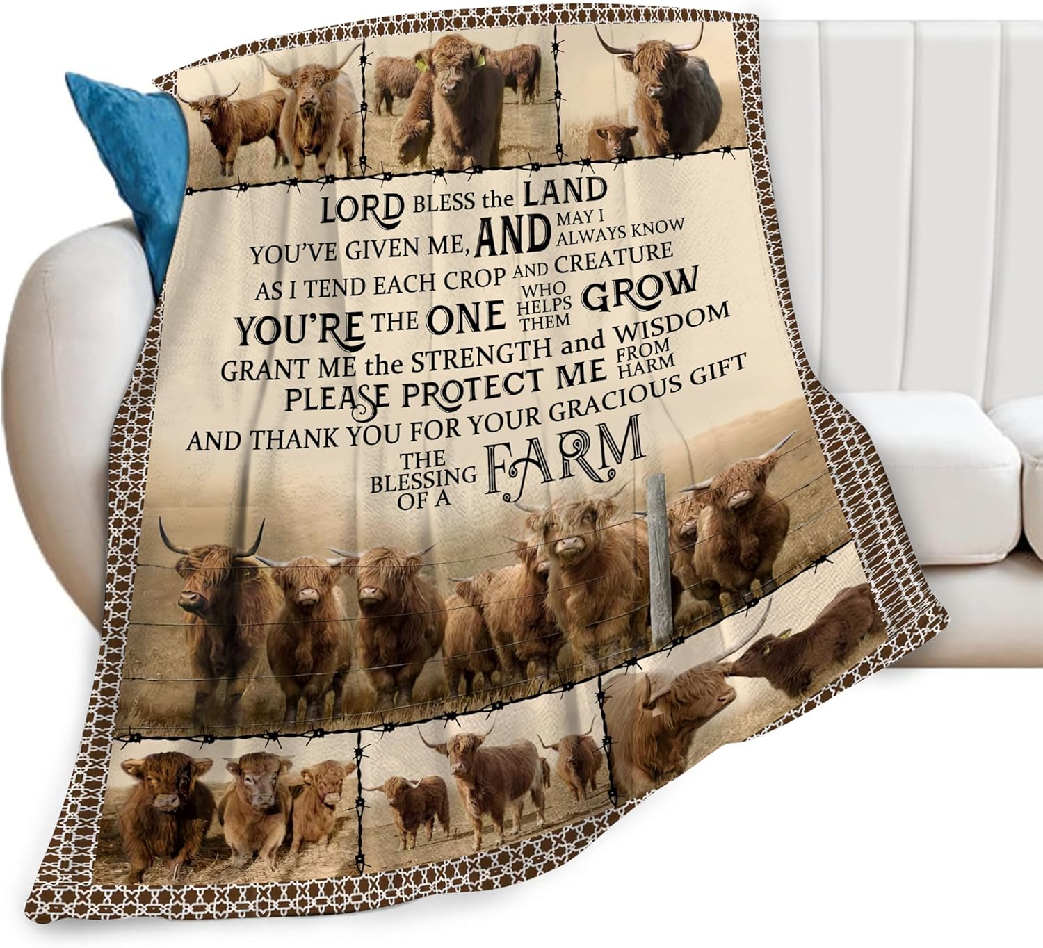 Farmhouse Highland Cow Blanket Farm Animals Cow Throw