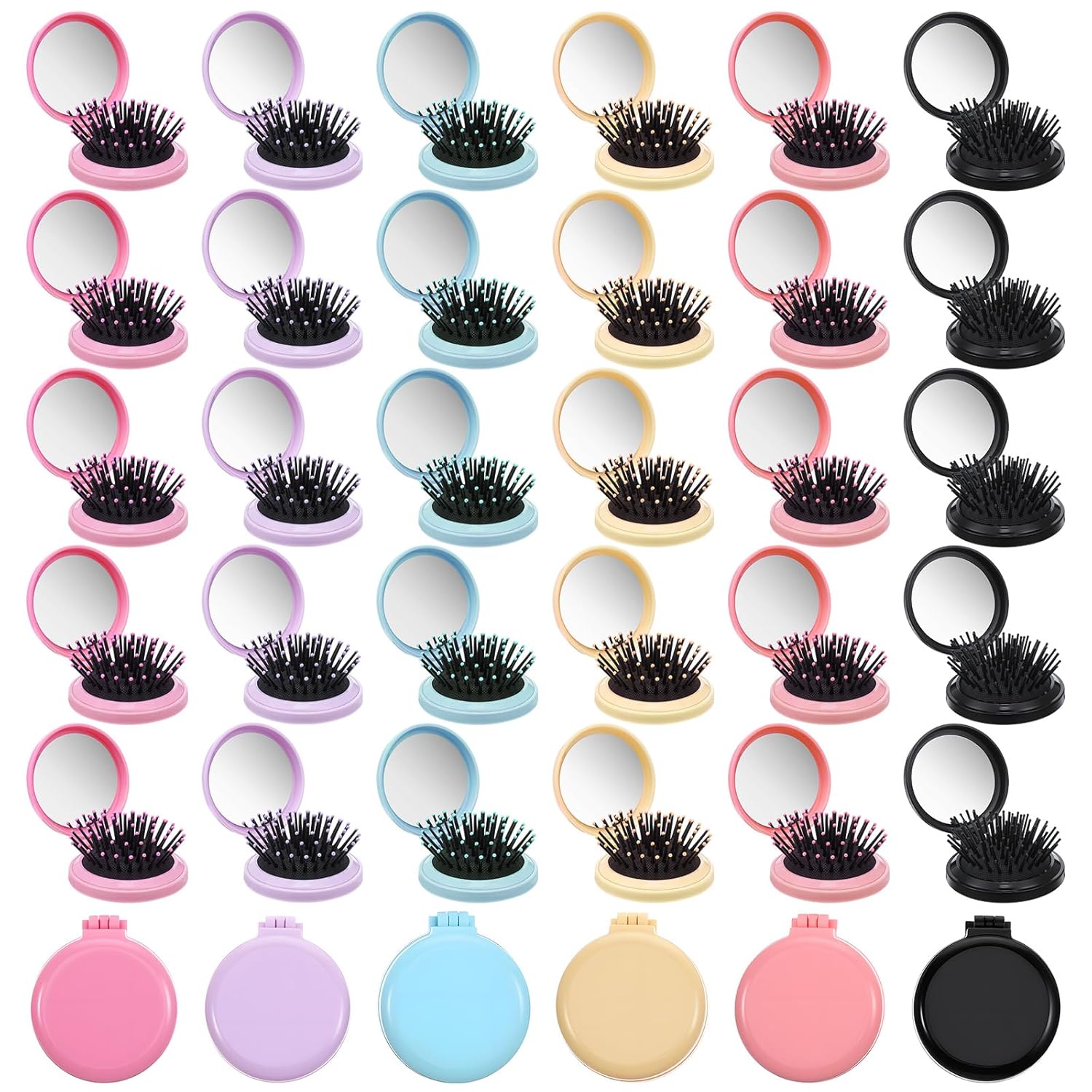 30 Pcs Foldable Travel Hair Brushes with Mirror, Round Compact Travel Hair Brush, Compact Travels Size Massage Comb for Men and Women, 6 Colors