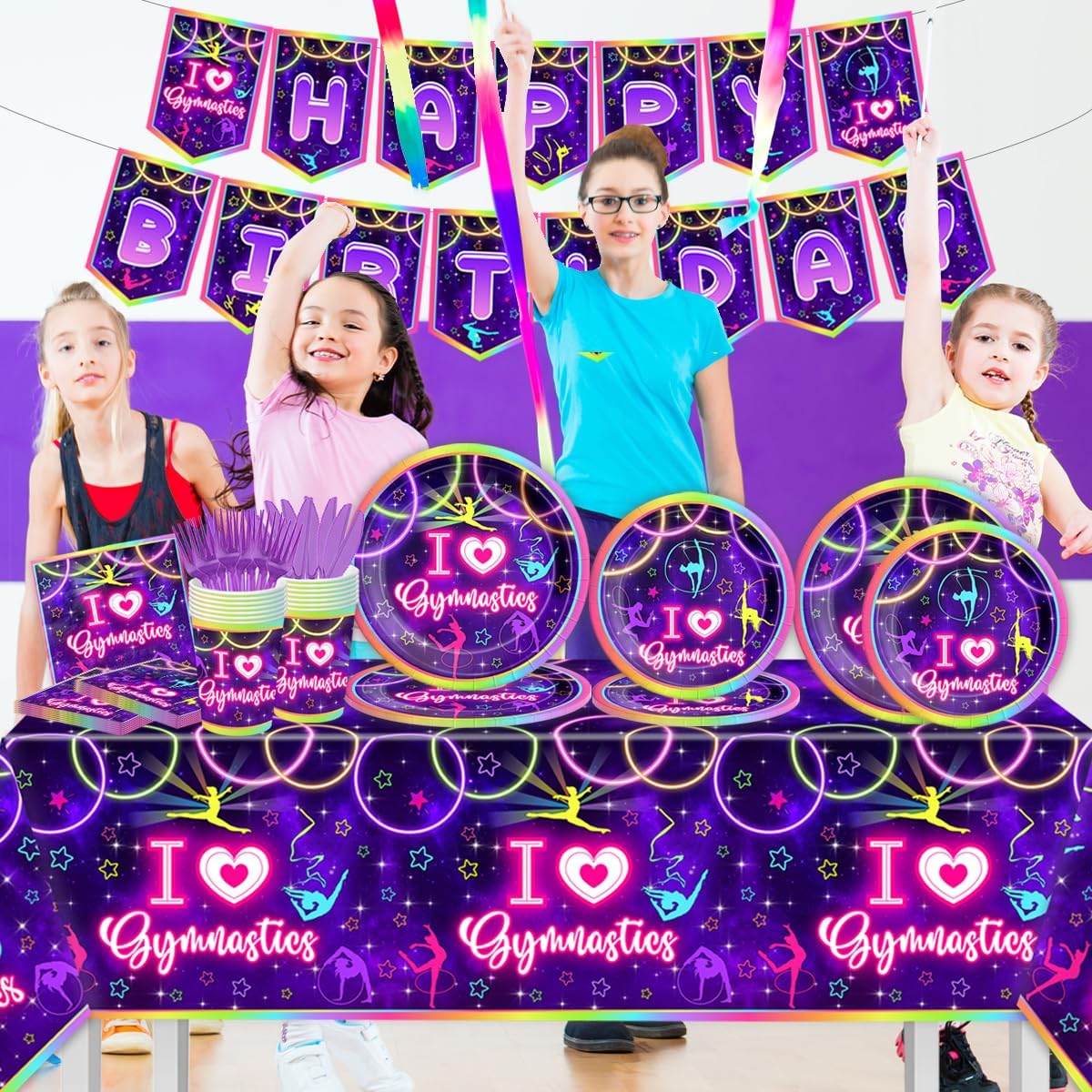 Gymnastics Birthday Party Supplies-142Pcs Neno Gymnastics Tableware Set I Love Gymnastics Plates and Napkins Serves 20 Guests