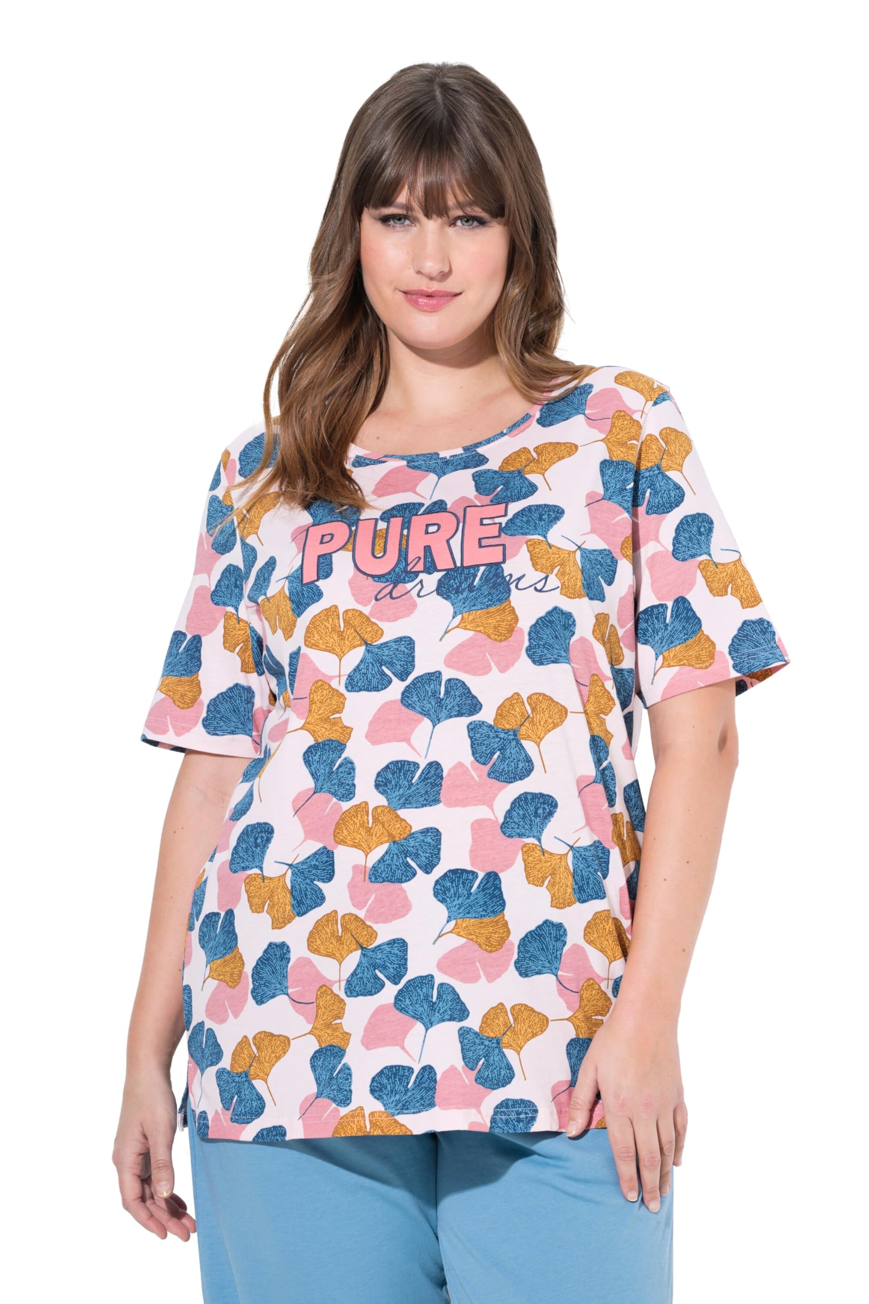 Ulla Popken Femme Grandes Tailles T-Shirt de Pyjama, Ginkgo, col Rond, Manches Courtes, Coton Bio 840503