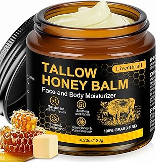 Organic Beef Tallow Honey Balm for Skin & Face, Whipped Beef Tallow Face Moisturizer with Raw Honey, Grass Fed Cow Beef Tallow Cream, All Natural Pure Body Lotion for Women & Men, Unscented 4.2 OZ