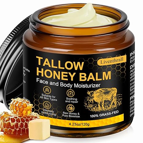 Organic Beef Tallow Honey Balm for Skin & Face, Whipped Beef Tallow Face Moisturizer with Raw Honey, Grass Fed Cow Beef Tallow Cream, All Natural Pure Body Lotion for Women & Men, Unscented 4.2 OZ