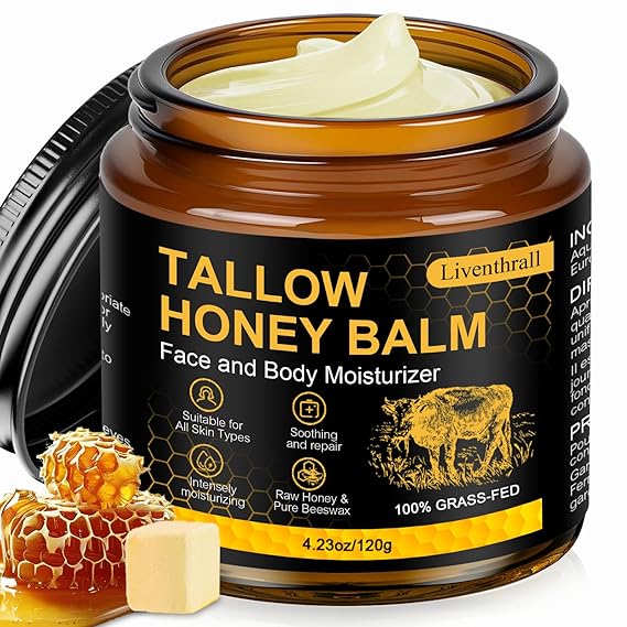 Organic Beef Tallow Honey Balm for Skin & Face, Whipped Beef Tallow Face Moisturizer with Raw Honey, Grass Fed Cow Beef Tallow Cream, All Natural Pure Body Lotion for Women & Men, Unscented 4.2 OZ