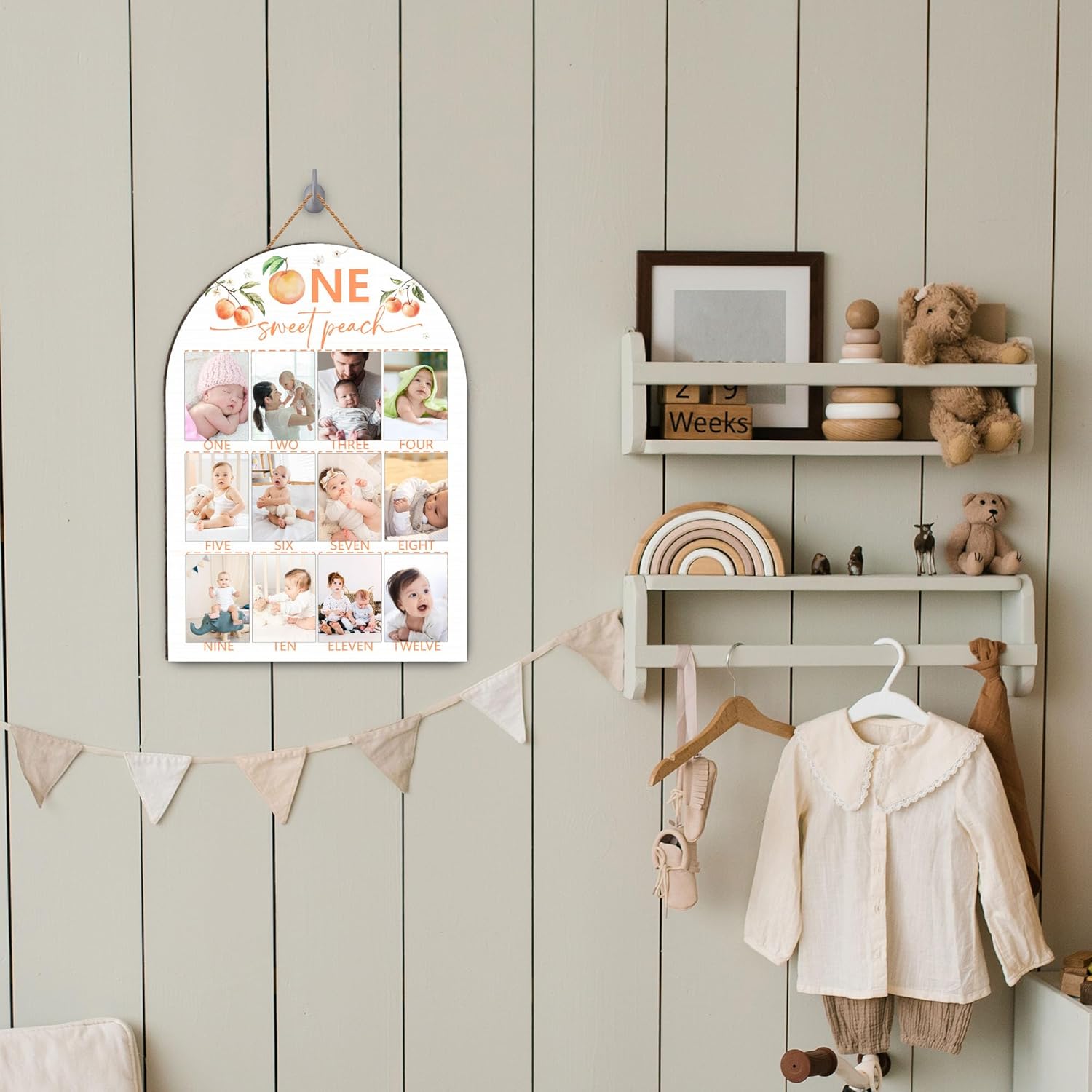 Peach My First Year Photo Board, One Sweet Peach Birthday Decoration Photo Frame, 12 Monthly Baby Milestone Wooden Sign, Pink Nursery Decor for Girl Boy, Gender Neutral Baby Keepsake Gifts-A06