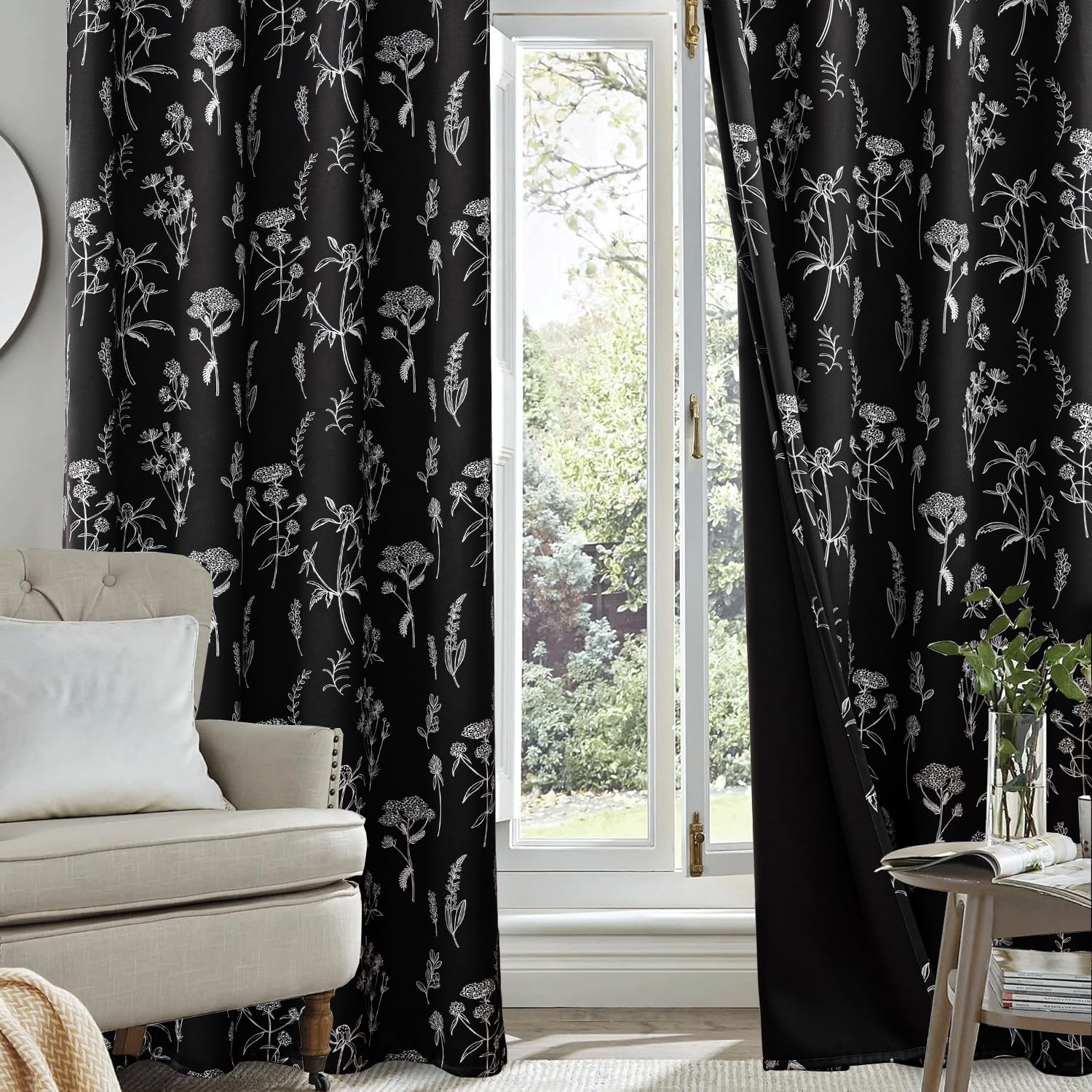 Floral Blackout Curtains for Bedroom 63 inch 2 Panels Botanical Floral Curtains Black Lined Curtains Grommet Window Drapes Black Curtains52Wx63L