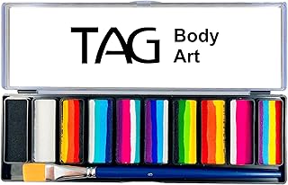 TAG Face Paint and Body Paint Professional One Stroke Palette - 10 Split Cakes (10g Each) - 1 Stroke Rainbow & Vibrant SFX Makeup for Halloween, Cosplay & Festivals - Includes Size 8 Brush