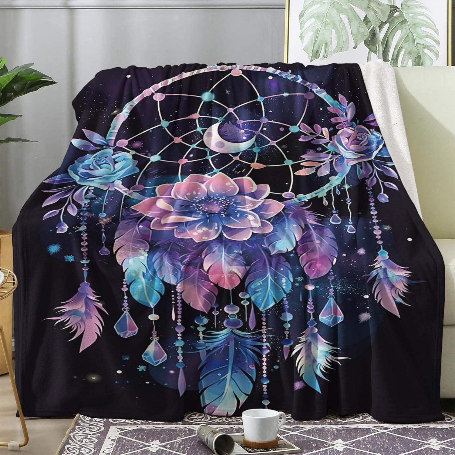 Dream Catcher Throw Blanket, Feather Floral Fleece Blanket for Couch Bed Sofa, Boho Dreamcatcher Blankets and Throws, Decor & Gifts, Super Soft Plush Flannel Blanket, 50x60