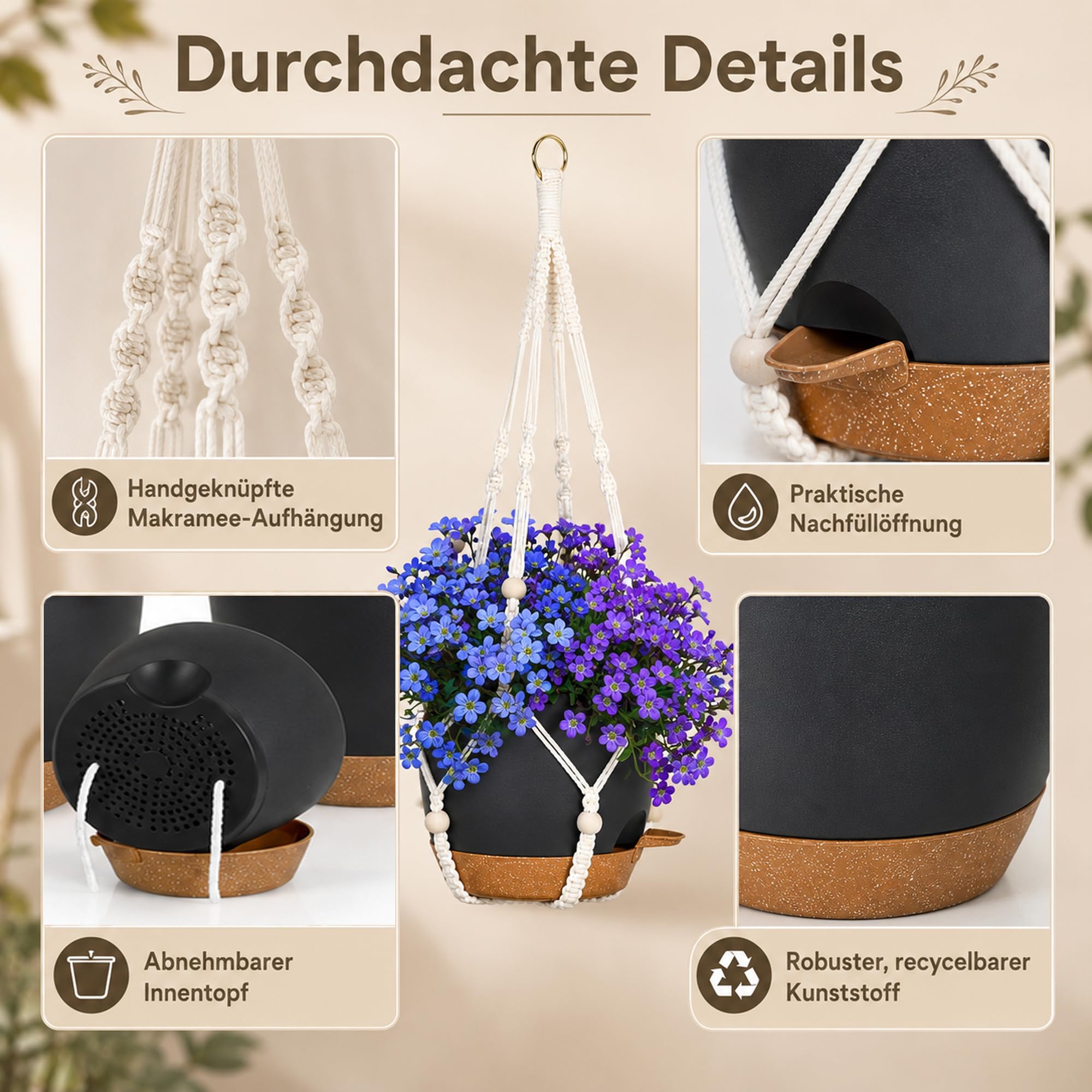 Lot de 3 pots de fleurs suspendus pour extérieur et intérieur, pots de fleurs suspendus avec auto-arrosage (14/15/18 cm), blanc bohème en macramé pour plantes d'intérieur, balcon et jardin