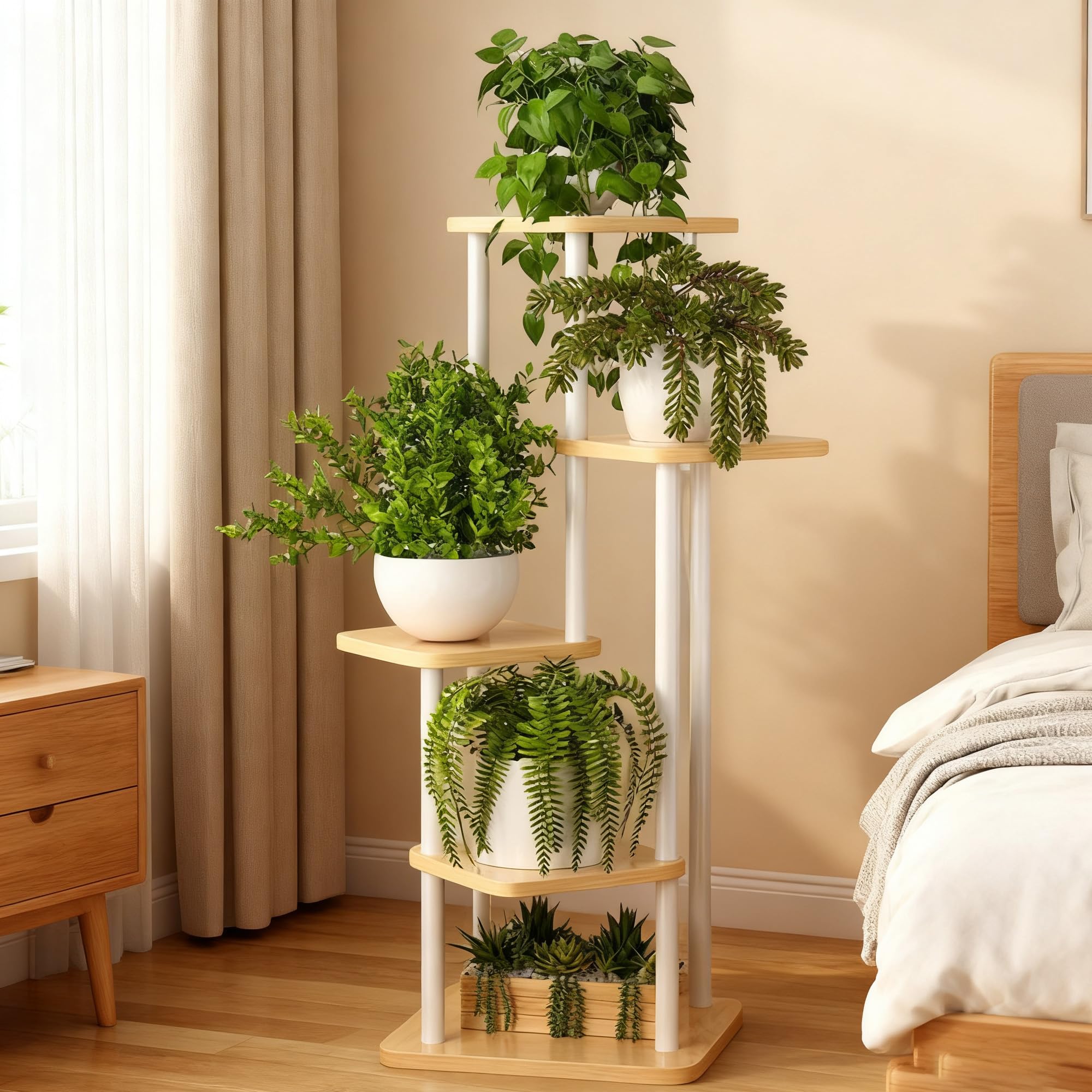 Étagère d'angle en Bois et Métal à 5 Niveaux pour Plantes, Support Plantes Interieur, Étagère à Fleurs d'angle pour Intérieur et Extérieur, pour Plantes, pour Balcon, Jardin, Blanc