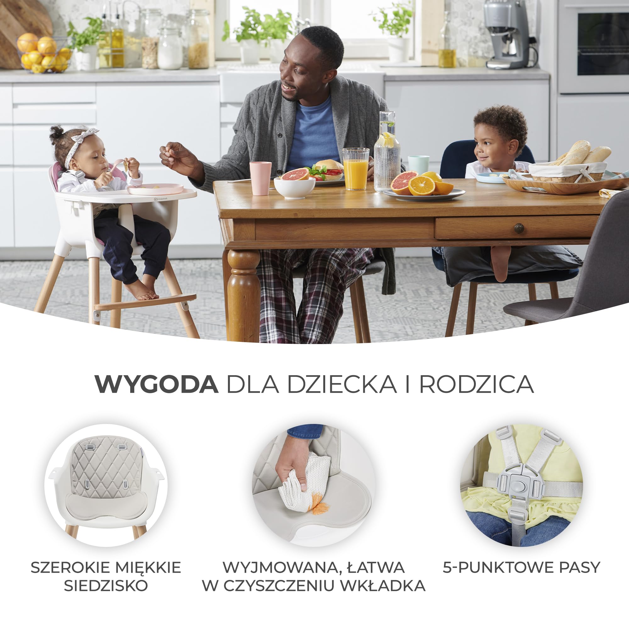 Kinderkraft Krzesełko do karmienia SIENNA 2w1, Krzesło dla starszaka, Zdejmowana tacka, Drewniane antypoślizgowe nożki, 5-Punktowe pasy bezpieczeństwa, Miękkie siedzisko, Łatwy w czyszczeniu, Szary
