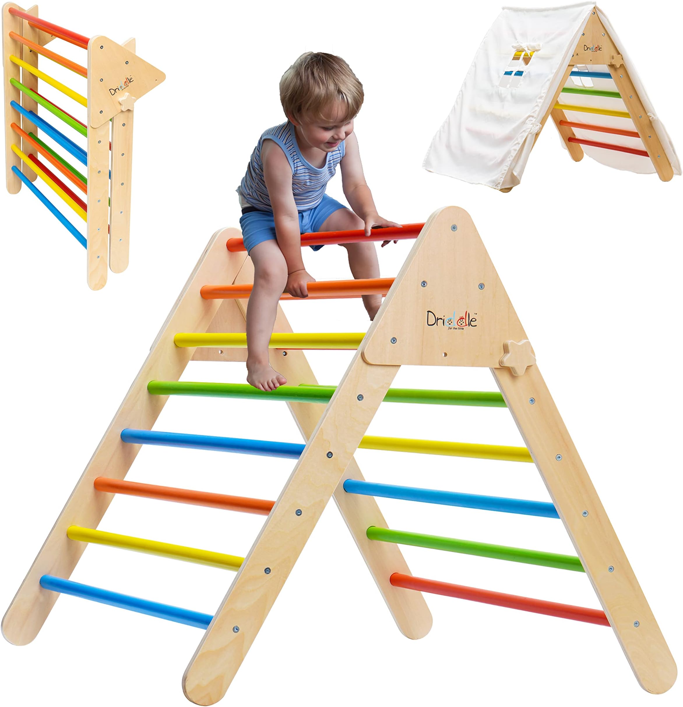 Climbing Triangle with Tent - Wooden Climbing Toys for Toddlers & Baby - X-Large Foldable Colorful Climber Indoor Gym for Kids - 100% Safe - CPSIA Lab Certified - Driddle