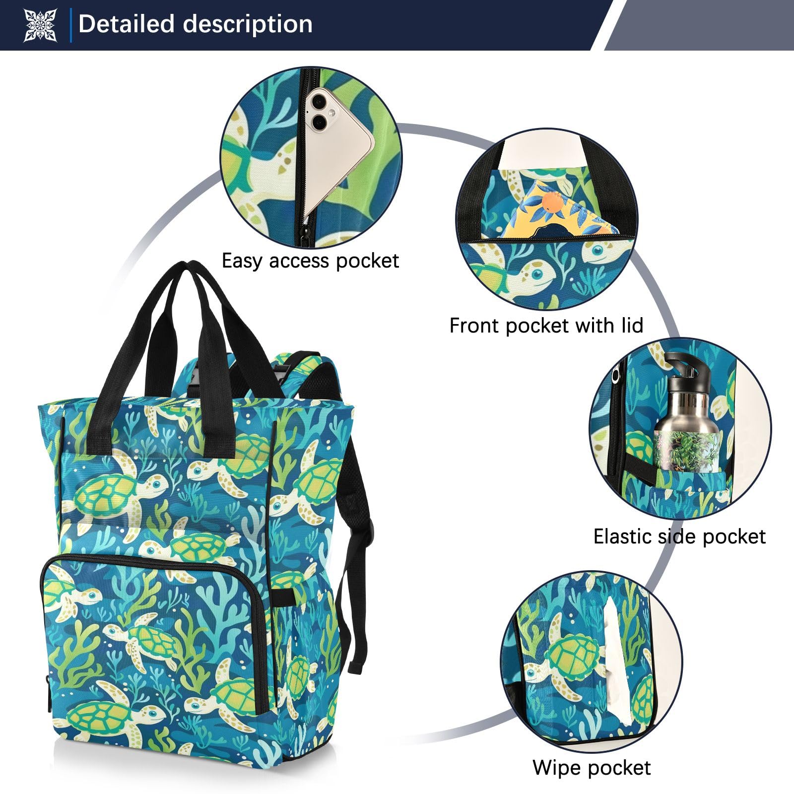 Mnsruu Green Turtles Seaweed Baby Diaper Bag Zaino Grande Borsa Impermeabile Viaggio Pannolino Borse per Mamme e Papà
