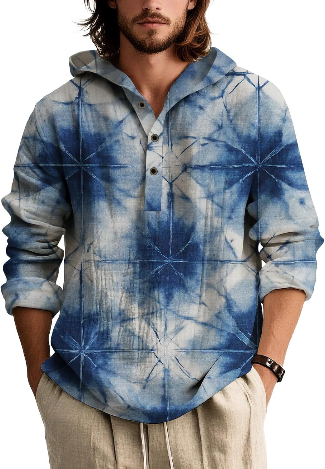 Mens Tie Dye Hooded Long Sleeve Shirt Lightweight Pullover Button Placket Casual To...
