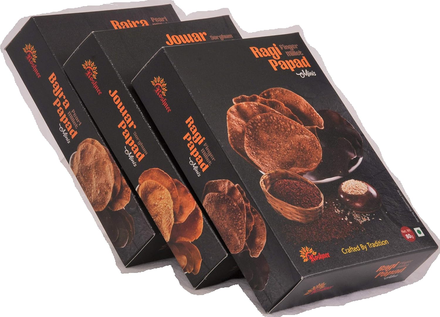 Roshnee Millet (Natural Minis) Papads |Combo of 3-80 gm Each | 240GM Of 3 Pack | Bajra, Ragi and Jowar Papads| No arifical Flavour| No Artifical Colours,| Gluten Free | No preservatives