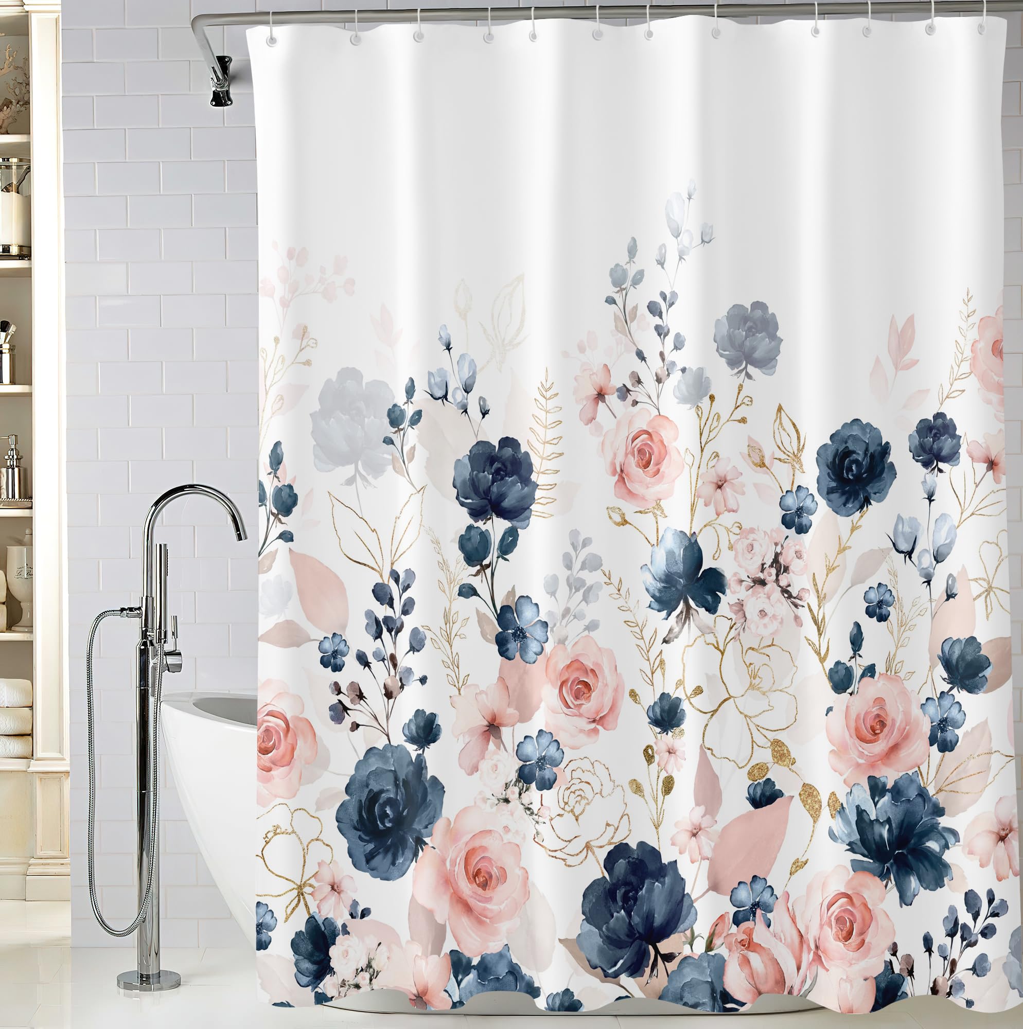 Cortina de ducha extra larga con diseño floral azul marino y rosa, 72 x 84 pulgadas, cortina de ducha de tela impermeable con 12 ganchos
