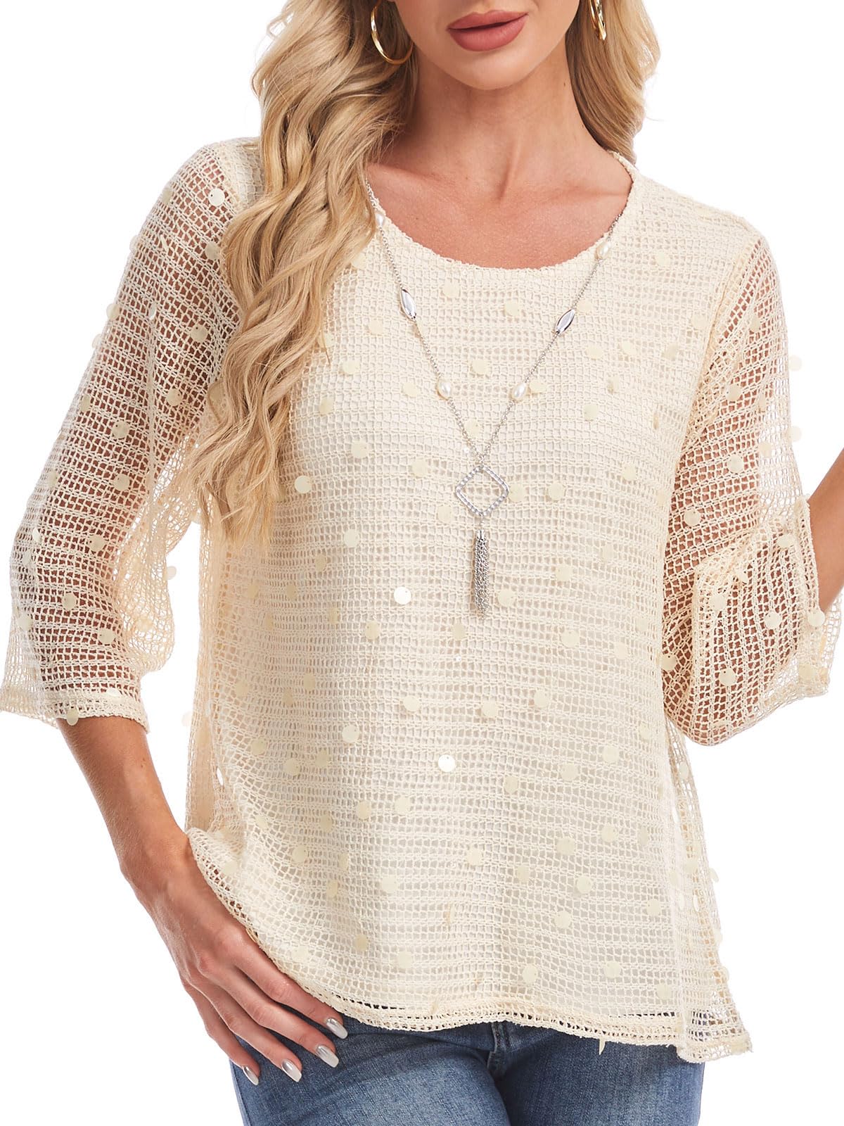 Women’s Crochet Knit Top 3/4 Bell Sleeve Hollow Out Casual Loose Fit Crewneck Pullover Blouse Lightweight Summer Shirt