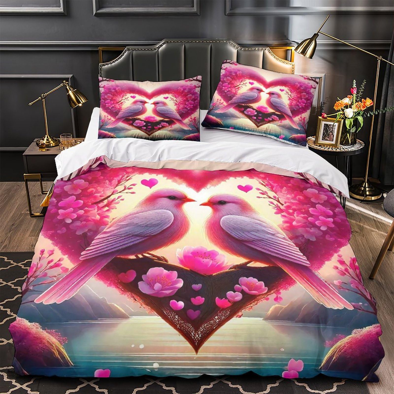 Housse de couette microfibre douce Fleurs d'amour lit 2 personnes 260x220 cm avec taie