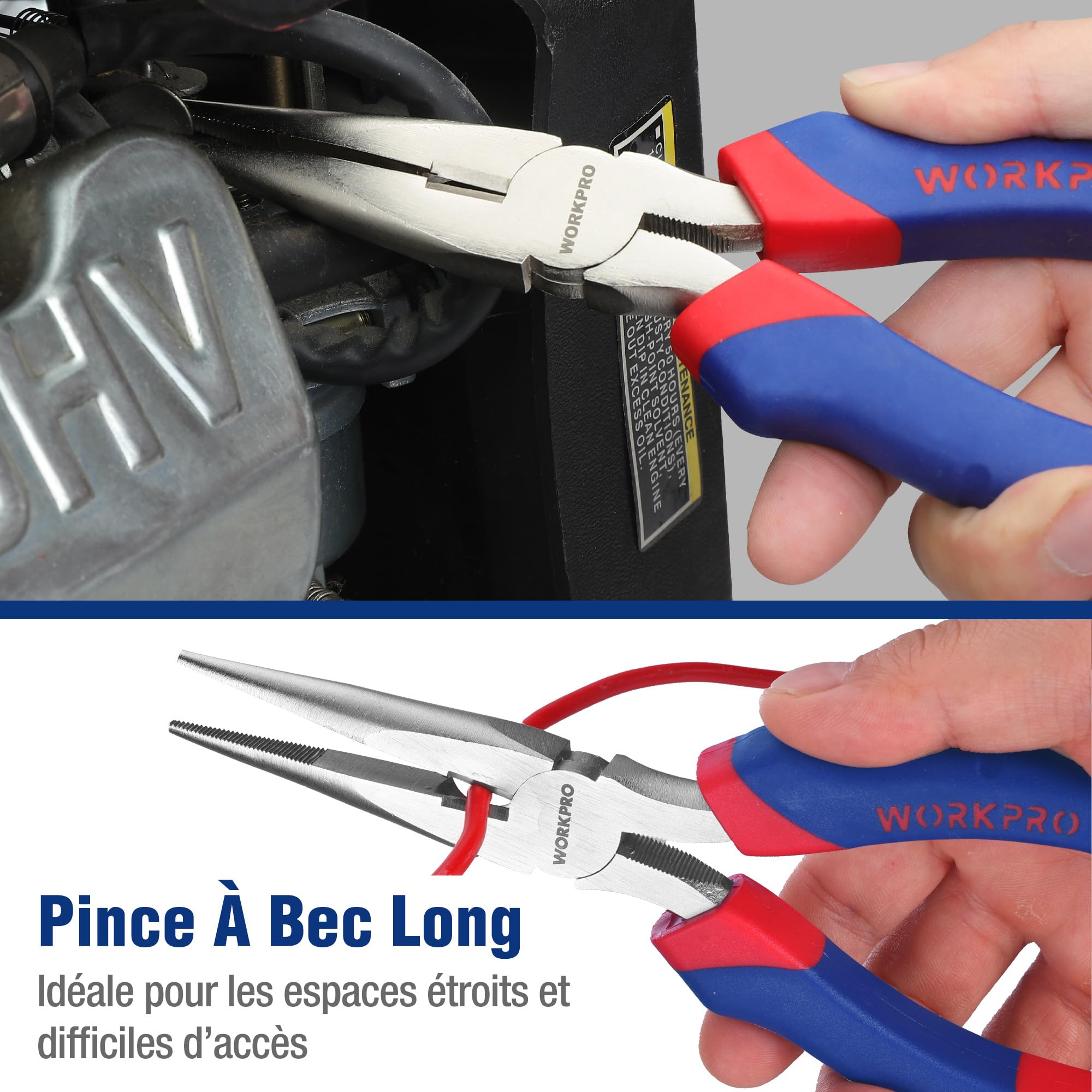 WORKPRO Jeu de Pinces en Cr-V Pince Multiprise, Pince Universelle, Pince Coupante, Pince à Bec Long et Clé à Molette pour Réparation Domestique ou Utilisation du Travail 5 Pièces