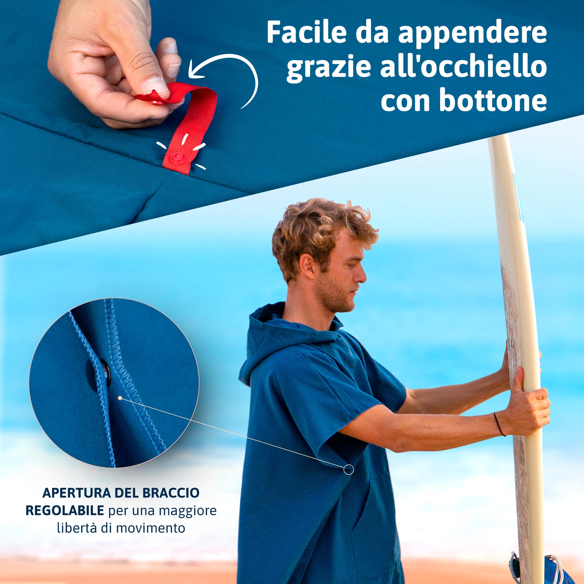 AUTDOOR® Poncho Surf – Accappatoio Microfibra Assorbente & Leggero, Perfetto per Uomo e Donna, Ideale per Spiaggia, Yoga e Sport Acquatici (Blu, Medio)