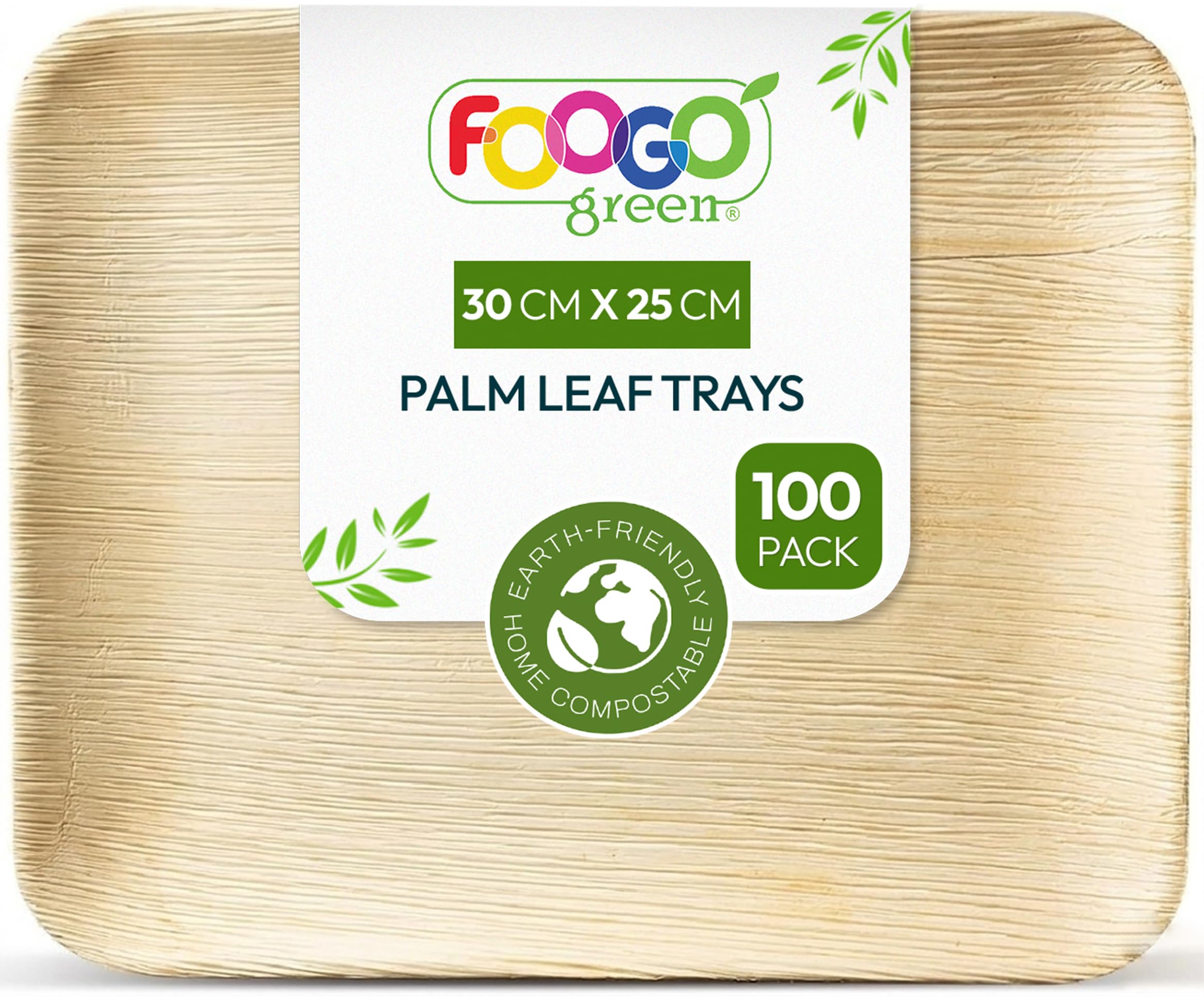 FOOGO Green 100 Disposable Palm Leaf Serving Trays, Large 12x10 inch (30x25cm), for Platters, Starters, Wedding Parties, Charcuterie Board, Eco Friendly, Biodegradable Wooden Trays for Hot Food
