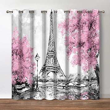 Jekeno Paris Eiffel Tower Blackout Curtains - Black and White Eiffel Tower Street Lights Pink Tree Print Decor for Women Girls Bedroom Living Room Grommet Window Drapes 2 Panel Set,52"x63"