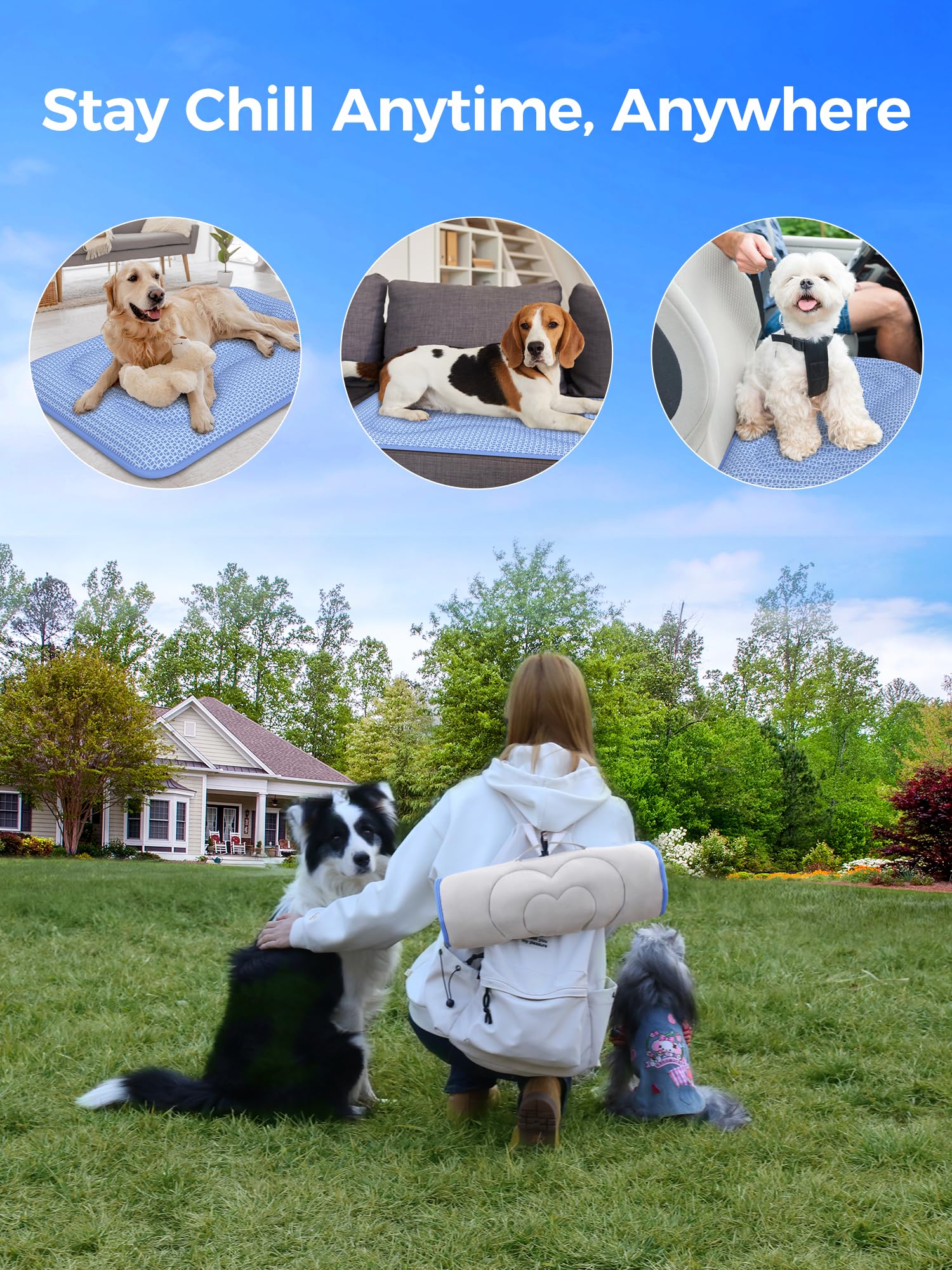 Rywell Kühlmatte Hund 90x70 cm, 3 cm Extra Dick & Gelenkschonend, Farbwechsel-Selbstkühlend mit Arc-Chill & PCM Pro, Wasserdicht, Tragbar, Ideal für Sommer & Reise, Eisblau