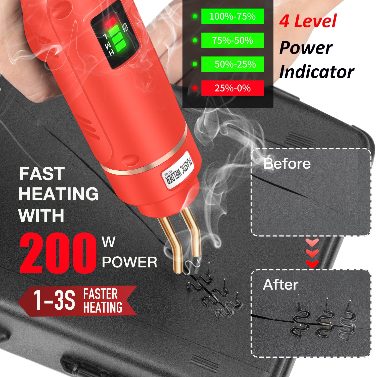 Máquina de soldadura de plástico mejorada de 200 W, kit de soldadura de plástico USB con 1200 piezas de grapadora caliente, pistola de soldadura de plástico inalámbrica, kit portátil