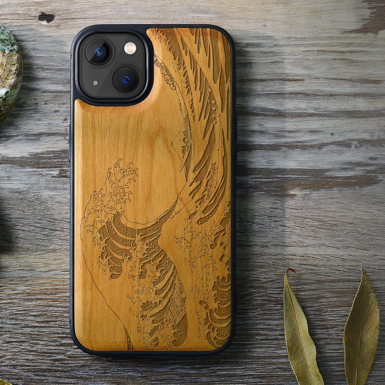Carveit Magnetic Wood Case for iPhone 13 Case [Natural Wood & Soft TPU] Unique & Classy Wooden Shockproof Protective Cover Compatible with MagSafe (The Great Wave Off Kanagawa -Cherry)