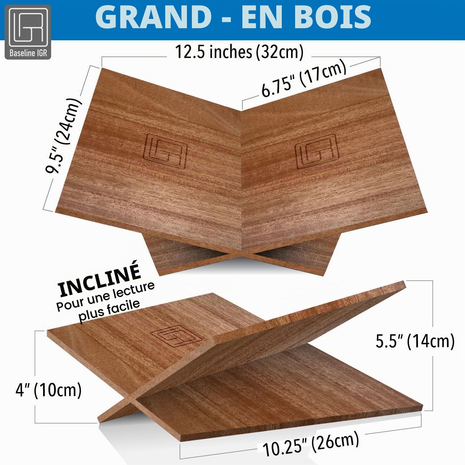 Grand support de livre en bois d'acajou naturel, 31,8 x 24,1 x 14 cm, support de livre ouvert pour affichage et lecture, livres de cuisine, livres d'art, bibles, magazines – Maison et bureau