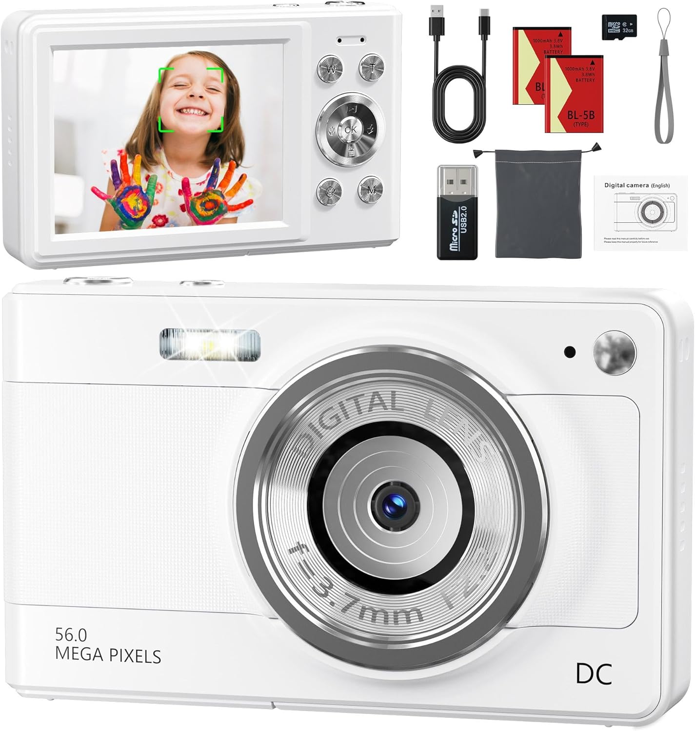 Digital Camera 1080P | 56MP FHD Compact Digital Camera, 16X Digital Zoom Portable Photo Camera w/ 2.4" LCD Screen, 2 Battery & SD Card, All-in-One Digital Cameras for Beginners, Teens, Students