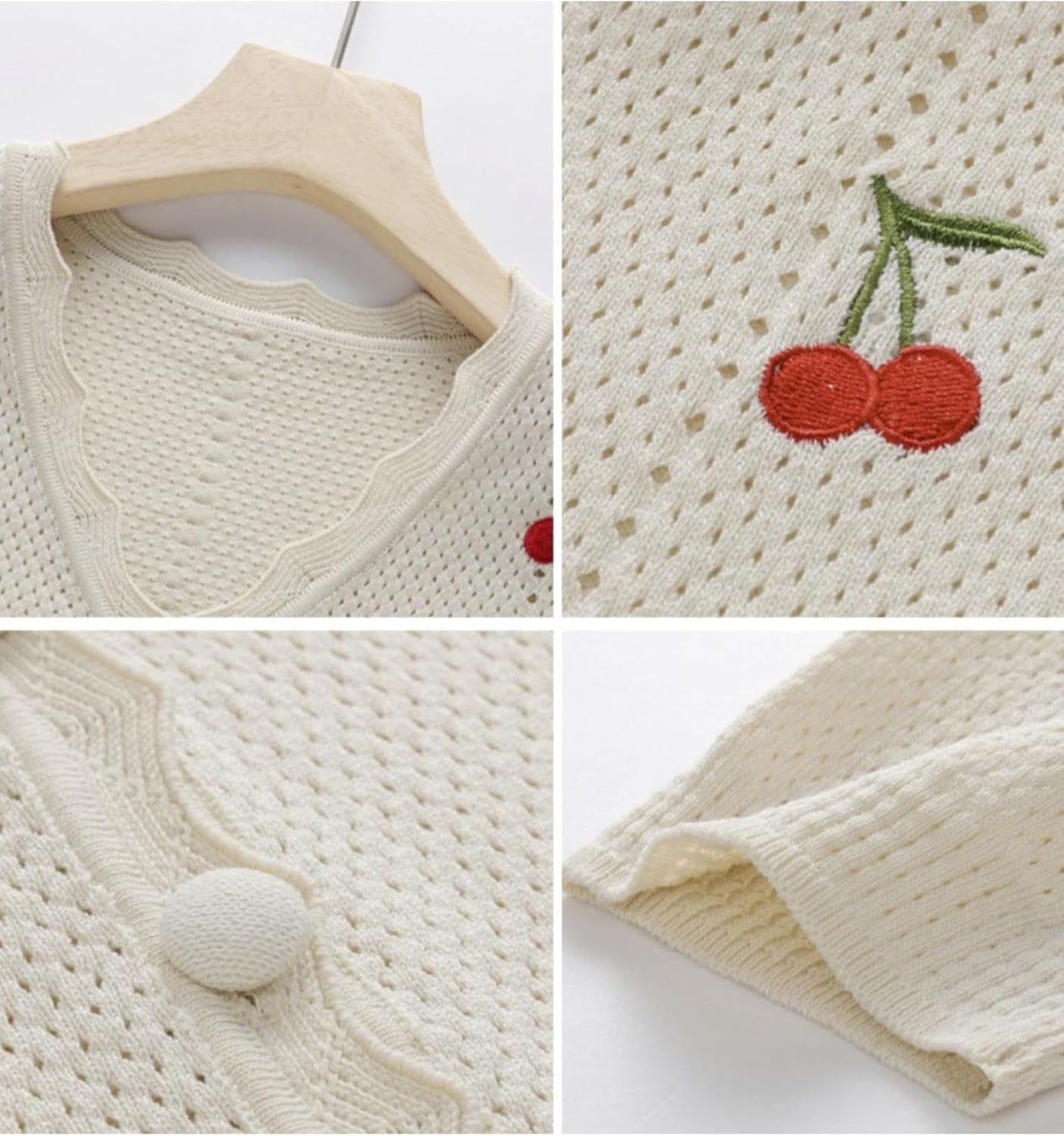 Xunger Women's Cute Cherry Embroidery Knit Cardigan V-Neck Summer Crochet Cropped Top Lightweight Casual Blouse - Image 5