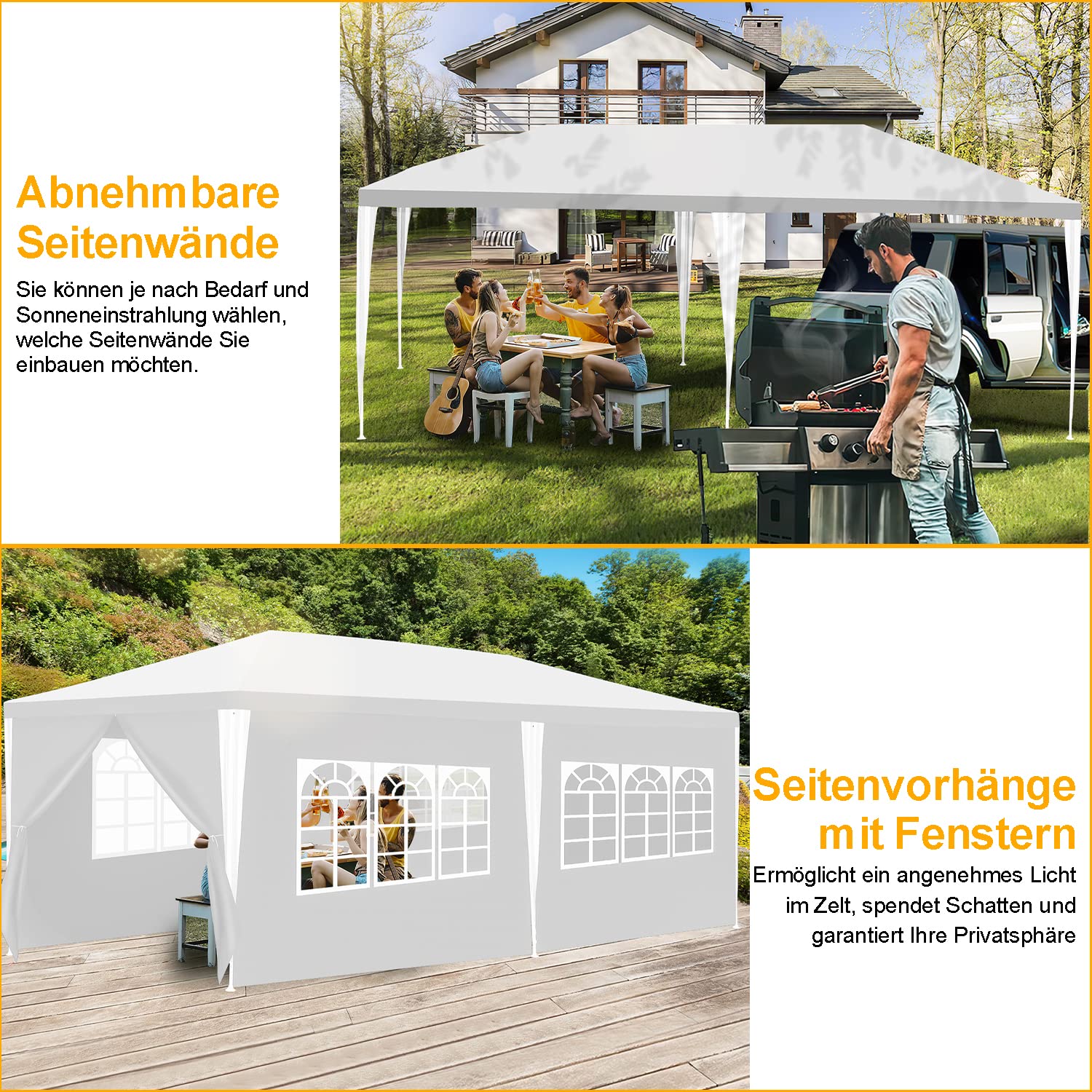 pavillon Wasserdicht Gartenpavillon mit 6 Seitenteilen, Gartenzelt Sonnenschutz Partyzelt Festzelt für Party, Marktstand, Festival, Weiß, 3x6m