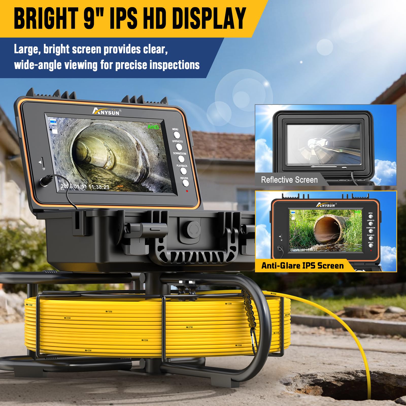 Anysun Caméra d’inspection avec Auto-nivellement, 50M Caméra Canalisation Émetteur 512Hz, 23mm 1080P HD Endoscope Canalisation IP68 Étanche, Écran IPS 9", Câble 7mm, DVR & Carte 32GB, Batterie 5100mAh